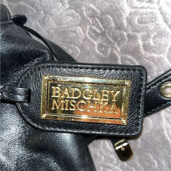 Badgley Mischka Black Leather Handbag with Gold Accents - Picture 4 of 11